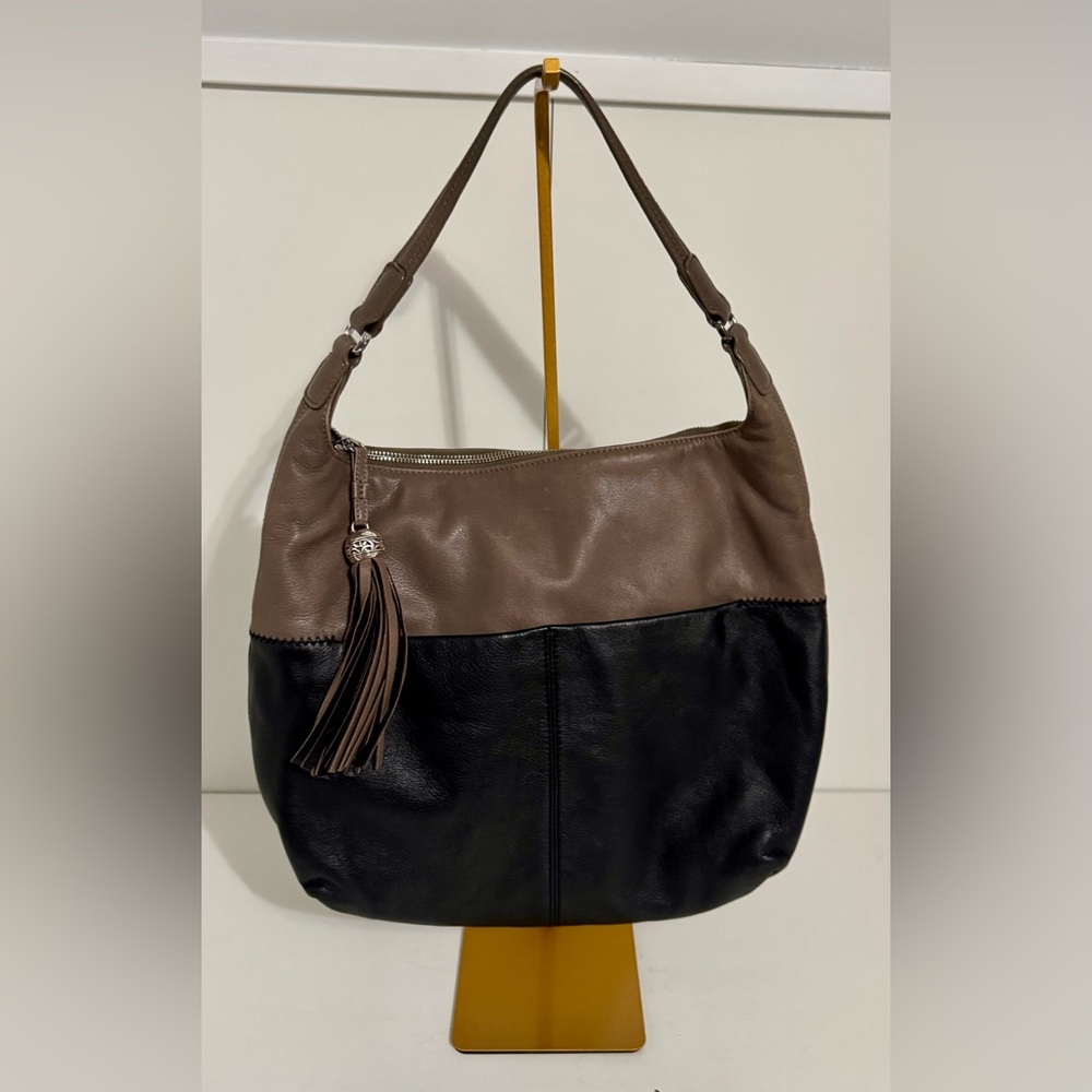 Authentic Brighton Brant Hobo Bag Black and Mink Leather With Decorative Tassel